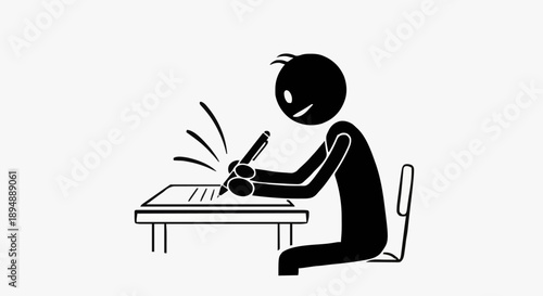 Stick figure writing at a desk with pen and paper.