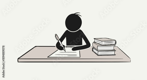 Stick figure writing at a desk with books.
