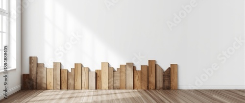Room interior featuring wooden colored boards and a plain white wall decoration background