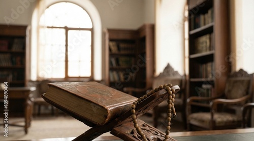 Holy Quran on Wooden Stand with Prayer Beads in Library