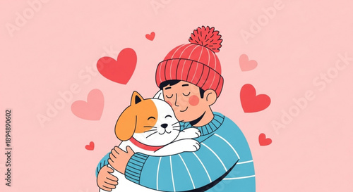 A heartwarming illustration of a man hugging his dog with love and affection
