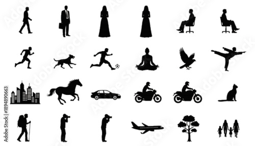 Collection of Diverse Black Silhouettes People Animals and Vehicles