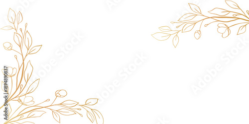 Frame with golden silhouettes of tree branches and leaves. Abstract floral background. Vector illustration