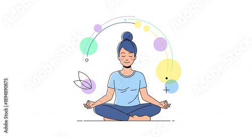 A serene woman meditating in a peaceful and calming environment with colorful balloons