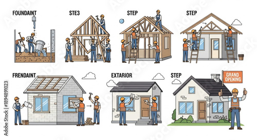 House construction process illustration showing different stages of building a home.