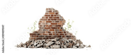 Broken brick building wall with debris and rubble, white background, clipping path included.