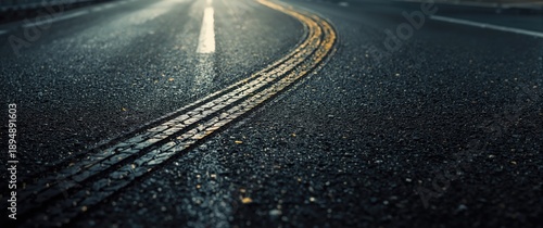 Tire marks on road as background in close-up photo