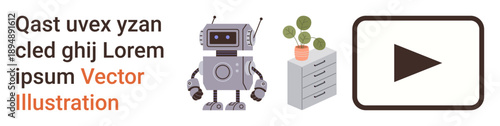 Futuristic technology, automation, media play, robotics, interior design, workspace decor. Robot standing, cabinet with a plant and a play button icon. Futuristic technology and automation ion