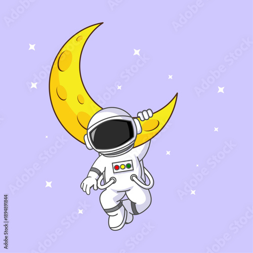 Dreamy Astronaut Hanging from a Starry Moon Vector Illustration Cartoon Design