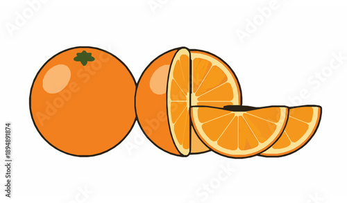 Orange fruit vector illustration with whole orange and segmented slices in flat style