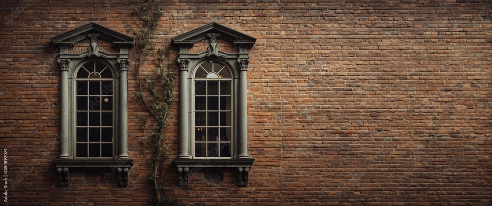 Fototapeta premium Three-light mullioned windows on a brick wall with two sections