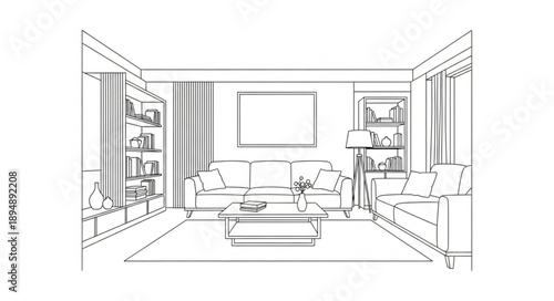 Hand drawn sketch of a modern living room interior design.
