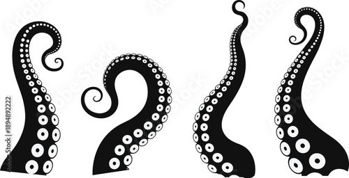 Abstract octopus tentacles set in black and white, minimalist marine vector illustration with curling squid arms, ocean wildlife design isolated on white background