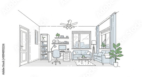 Hand drawn sketch of a modern living room interior design.
