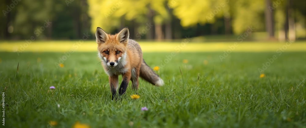 Fototapeta premium A macro shot of a cute fox walking across the grass