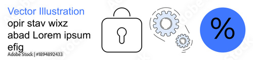 Cybersecurity, data protection, encryption, percentage calculation, system operation, digital safety. A padlock, gears and percentage symbol are . Cybersecurity and data protection concept
