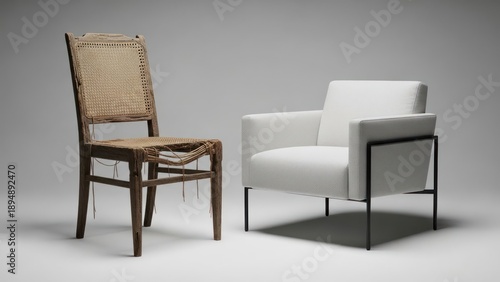 Two chairs sit side by side with different designs and materials in a simple setting of light colors