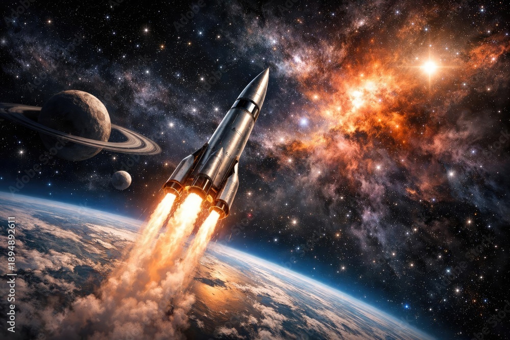 Obraz premium Stunning rocket ship soaring through a vivid intergalactic scene