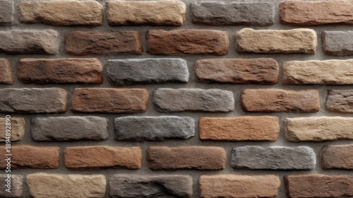 Textured brick wall in various earthy tones, showcasing a rustic and warm atmosphere, perfect for background in architecture and design projects.