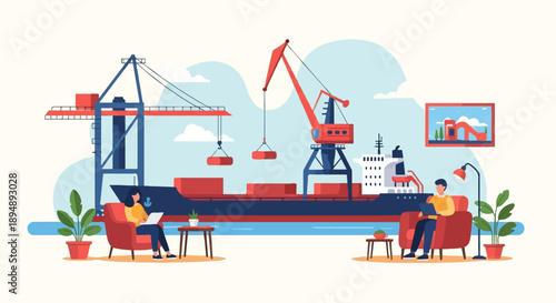 Cargo ship being loaded by cranes, people relax in armchairs