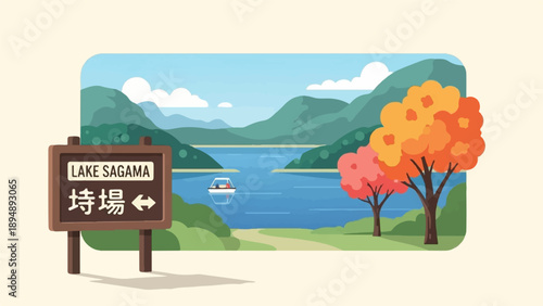 Autumnal landscape with a sign pointing towards a lake and mountains