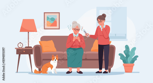 Caring person checks on sick elder with dog present