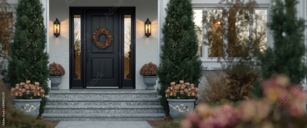 Fototapeta premium Single black glass door flanked by glass side panels, granite steps with grey flower pots, and cedar trees