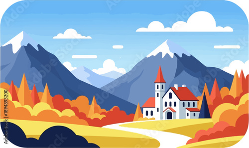 Autumnal scene with snow-capped mountains, a village, and colorful trees