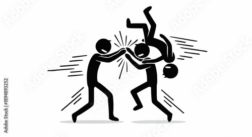 Stick figures fighting and one person is thrown in the air.