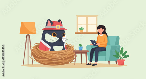 Cartoon cat in nest watches woman on couch with tablet