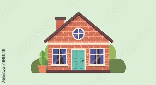 Cartoon brick house with green door, windows, chimney, and plants