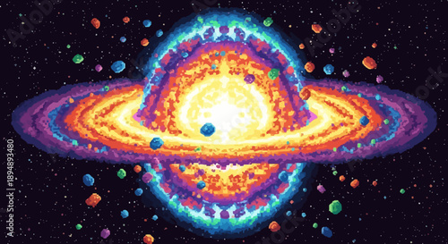 Vibrant planetary system illustration showcasing rings, stars, and celestial bodies in outer space from a distant viewpoint