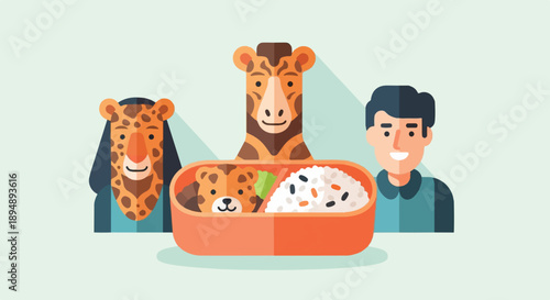 Cartoon characters of a leopard, giraffe, and person with a lunchbox