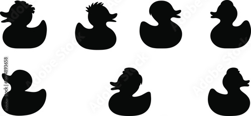 Rubber duck silhouette icons set in black, cute duck shapes collection with different hairstyles, minimalist animal vector symbols isolated on white background