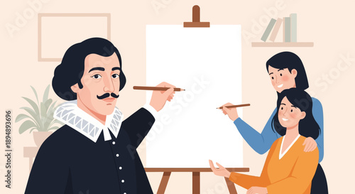 Artist instructs students on creating art with drawing materials