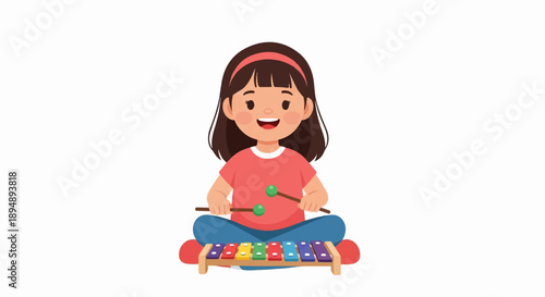 Cartoon child happily playing a colorful xylophone with mallets