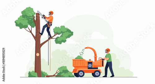 Arborists prune a large tree and chip branches with heavy machinery