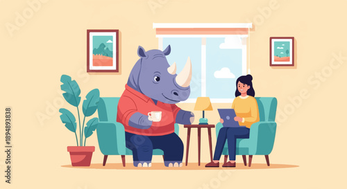 Anthropomorphic rhino drinks coffee with woman using tablet in living room