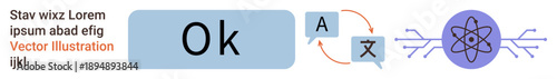 Language learning, AI development, science, communication, education tools, and technology. Alphabet translation icons with atomic design and text. Language learning and AI development concepts