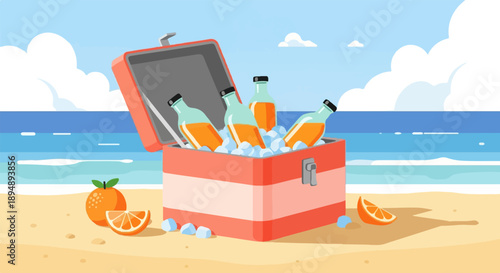 Beach cooler filled with orange drinks and ice cubes on sand, ocean background