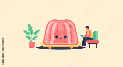 Anthropomorphic gelatin dessert on skateboard with person using laptop