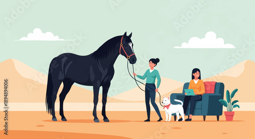 A woman walks a dog and horse in a desert landscape