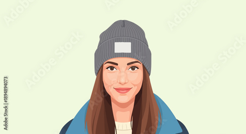 A woman with brown hair and a gray beanie smiles