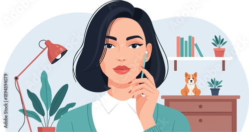 A woman with dark hair ponders while holding a pencil near her face, desk