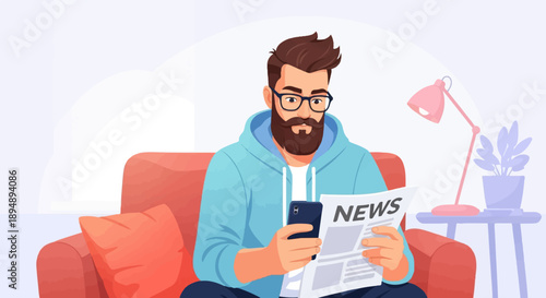 Bearded man in glasses reads newspaper and phone on sofa