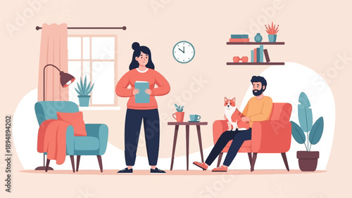 A woman stands with a clipboard while a man sits with his pet dog