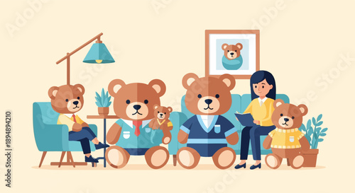 A woman talks to teddy bears in a room with a lamp