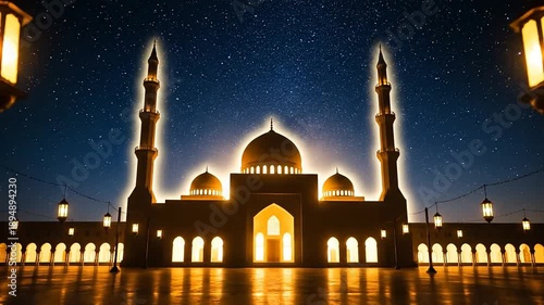 Islamic mosque at night with illuminated lanterns and starry sky