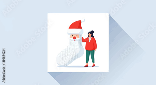 A woman stands next to a large Christmas stocking designed like Santa Claus