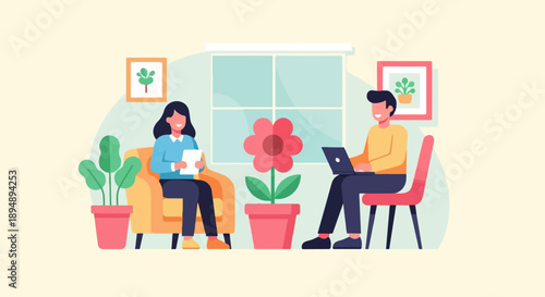 A woman sits on a couch with a tablet while a man works on a laptop